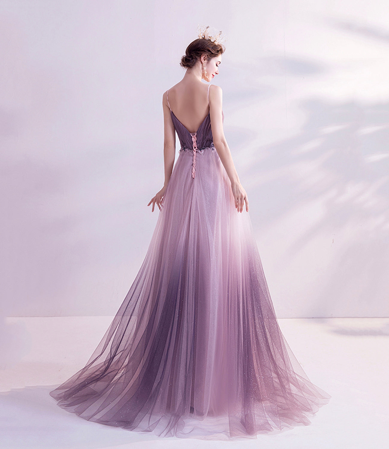 Purple tulle sequins long prom dress purple evening dress  10479