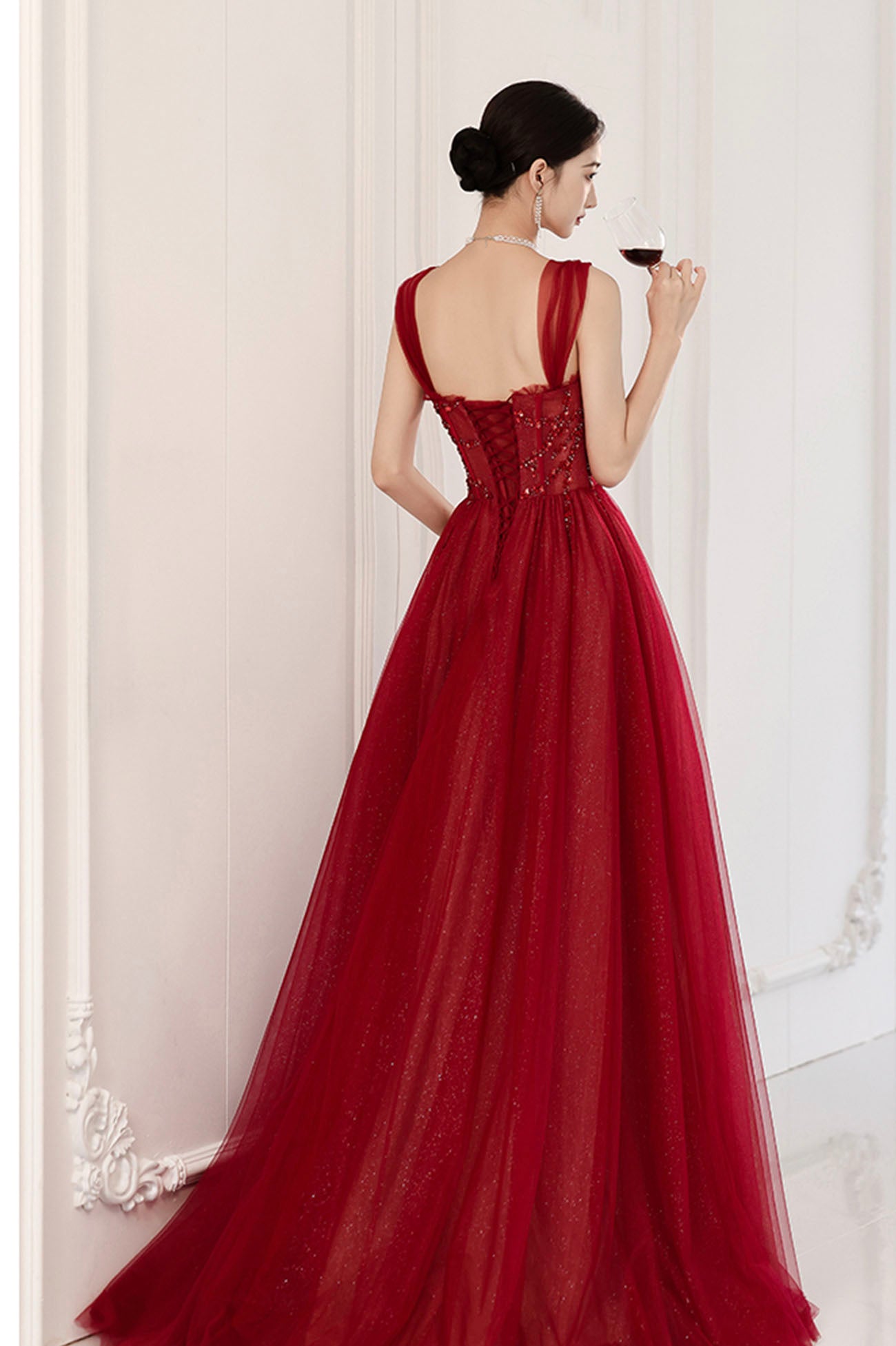 Burgundy tulle beads long prom dress evening dress  10604