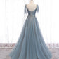 Blue tulle lace long prom dress blue evening dress  10356