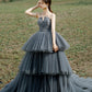 Gray tulle lace long ball gown dress formal dress  10306