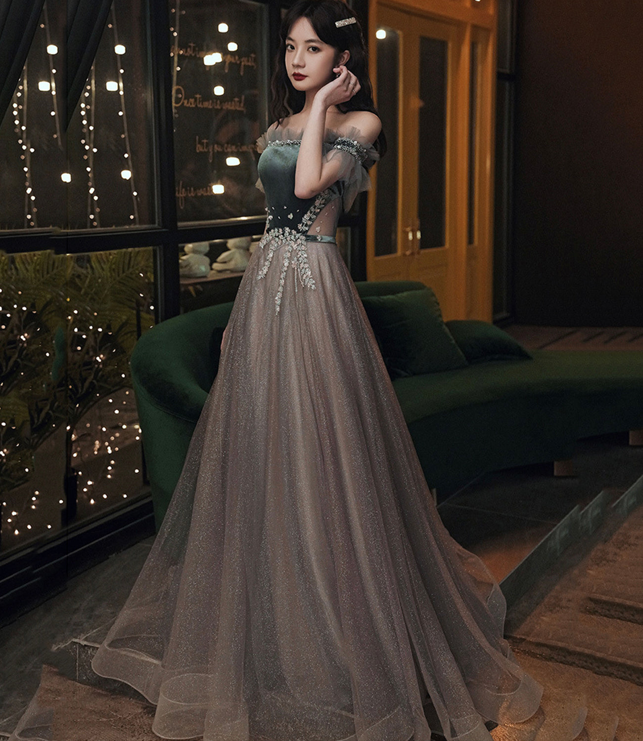 Cute tulle long prom dress A line evening dress  10345