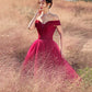 Red tulle beads long prom dress A line evening dress  10307