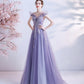 Purple tulle sequins long prom dress A line evening dress  10463