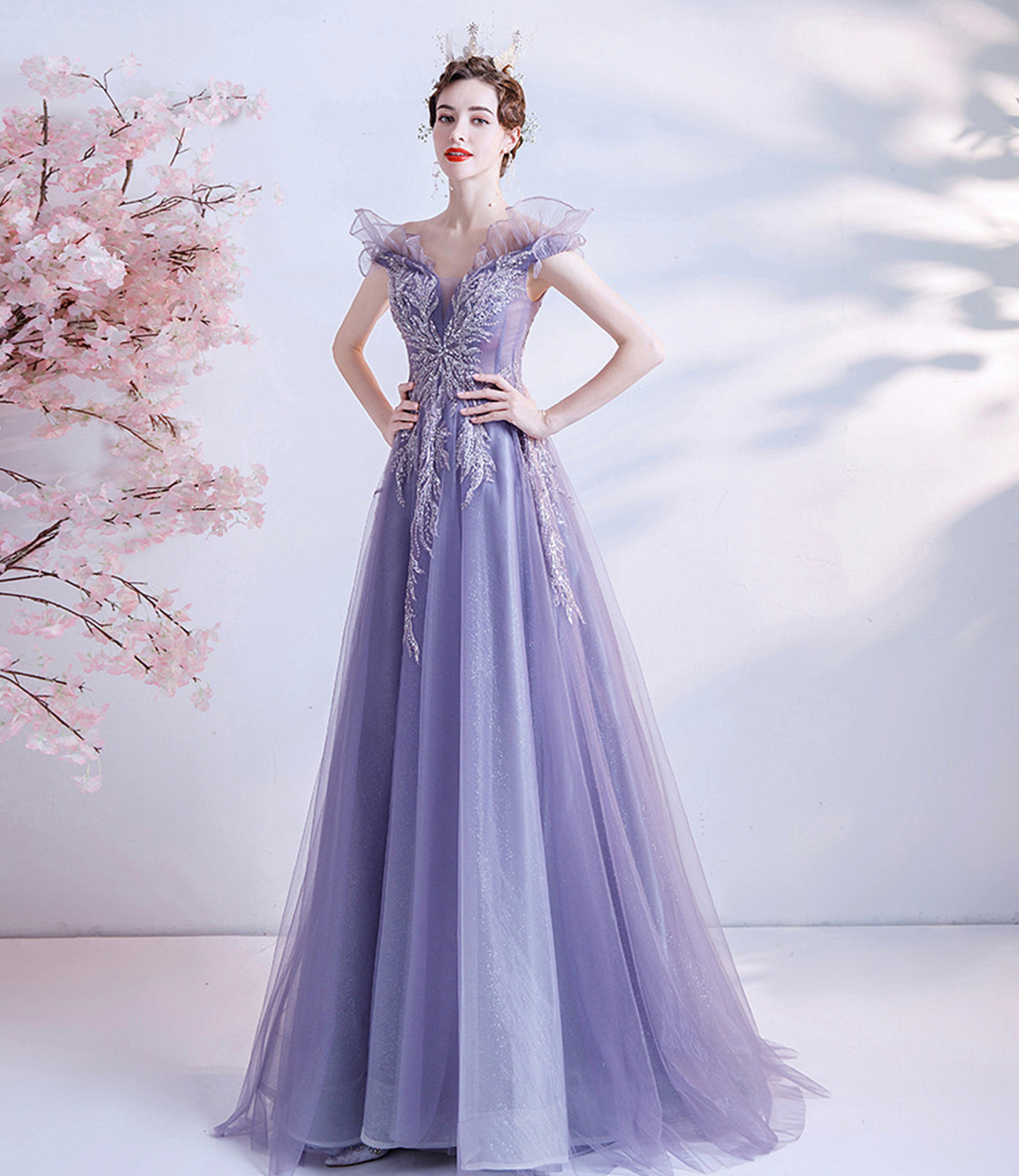 Purple tulle sequins long prom dress A line evening dress  10463