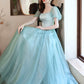 Green satin tulle long prom dress green evening dress  10618