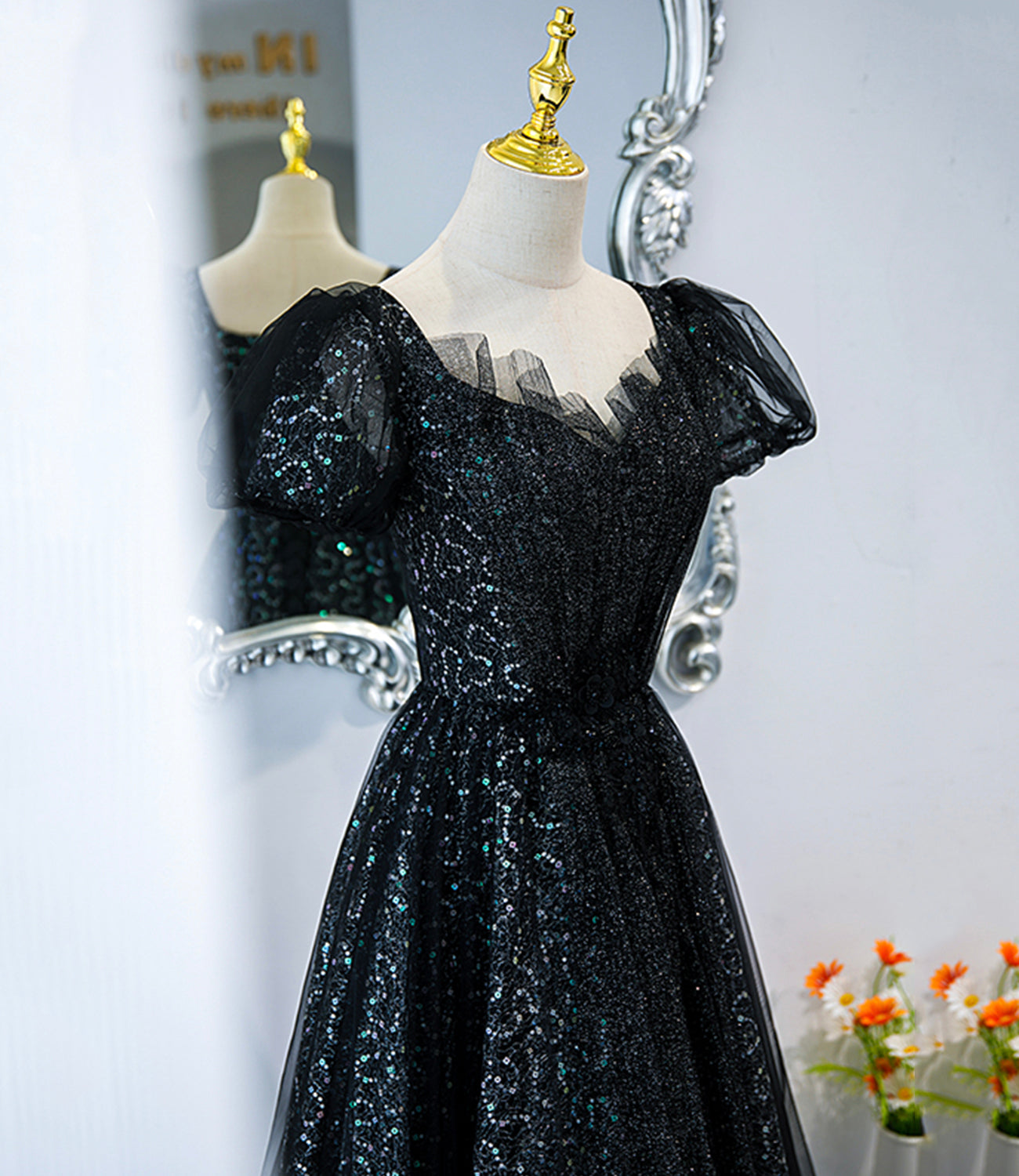 Black tulle sequins long prom dress black evening dress  10467