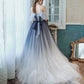 Blue tulle sequins long prom dress A line evening dress  10401