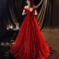 Red tulle sequins long prom dress A line evening gown  10355