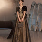 Black tulle sequins long prom dress A line evening dress  10441