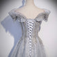 Gray tulle lace long prom dress A line evening gown  10406