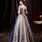 Blue tulle sequins long prom dress evening gown  10361