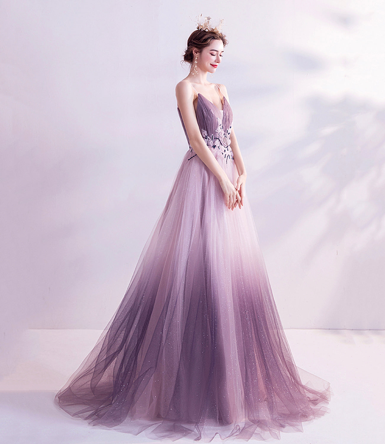 Purple tulle sequins long prom dress purple evening dress  10479