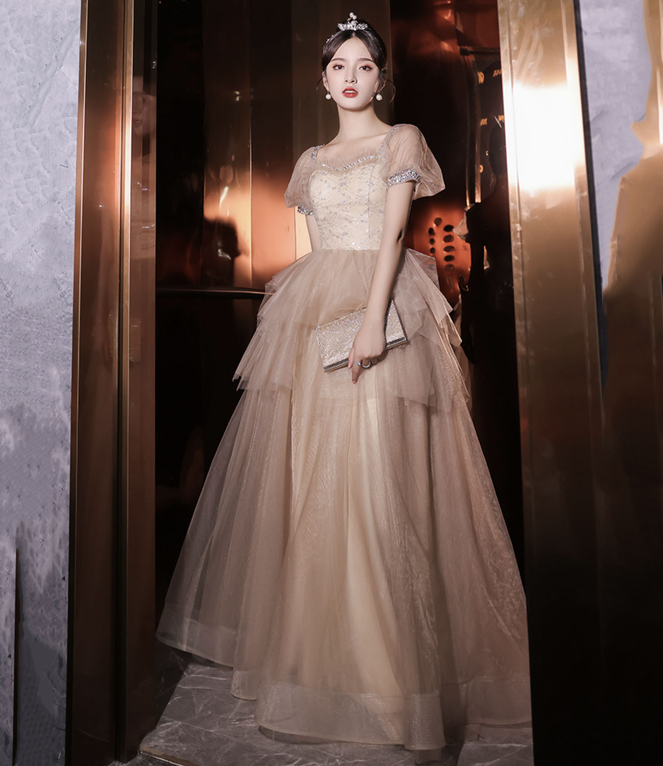 Cute tulle sequins long prom dress A line evening dress  10413