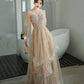Champagne tulle lace long prom dress A line evening dress  10339