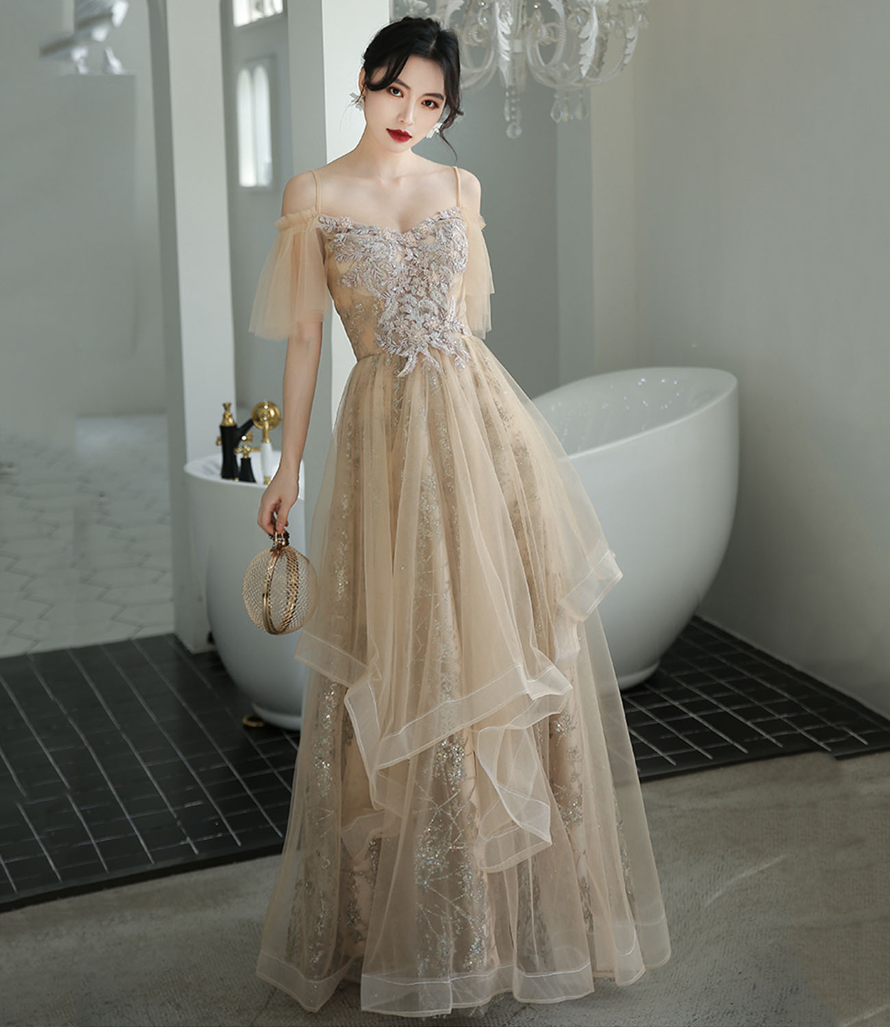 Champagne tulle lace long prom dress A line evening dress  10339