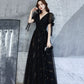 Black v neck tulle long prom dress A line evening dress  10318