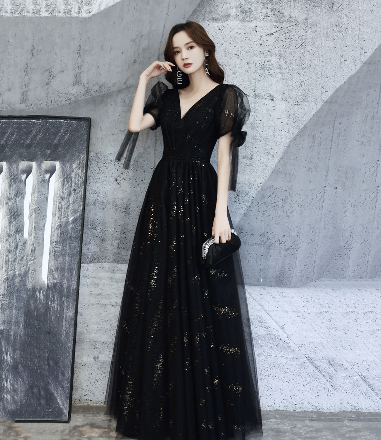 Black v neck tulle long prom dress A line evening dress  10318