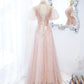 Pink tulle beads long prom dress A line evening dress  10400