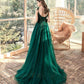 Green tulle lace long prom dress A line evening dress  10366