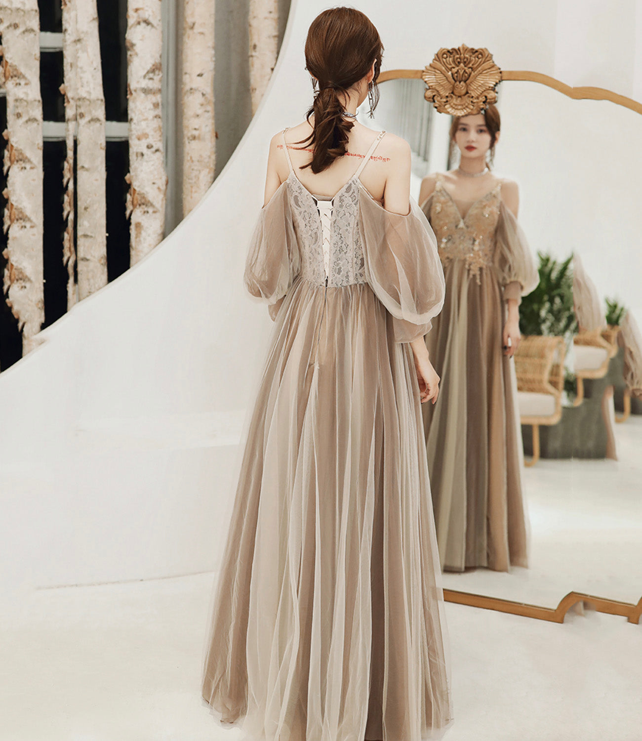 Cute tulle lace long prom dress A line evening dress  10449