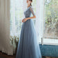 Blue tulle beads long prom dress A line evening gown  10333