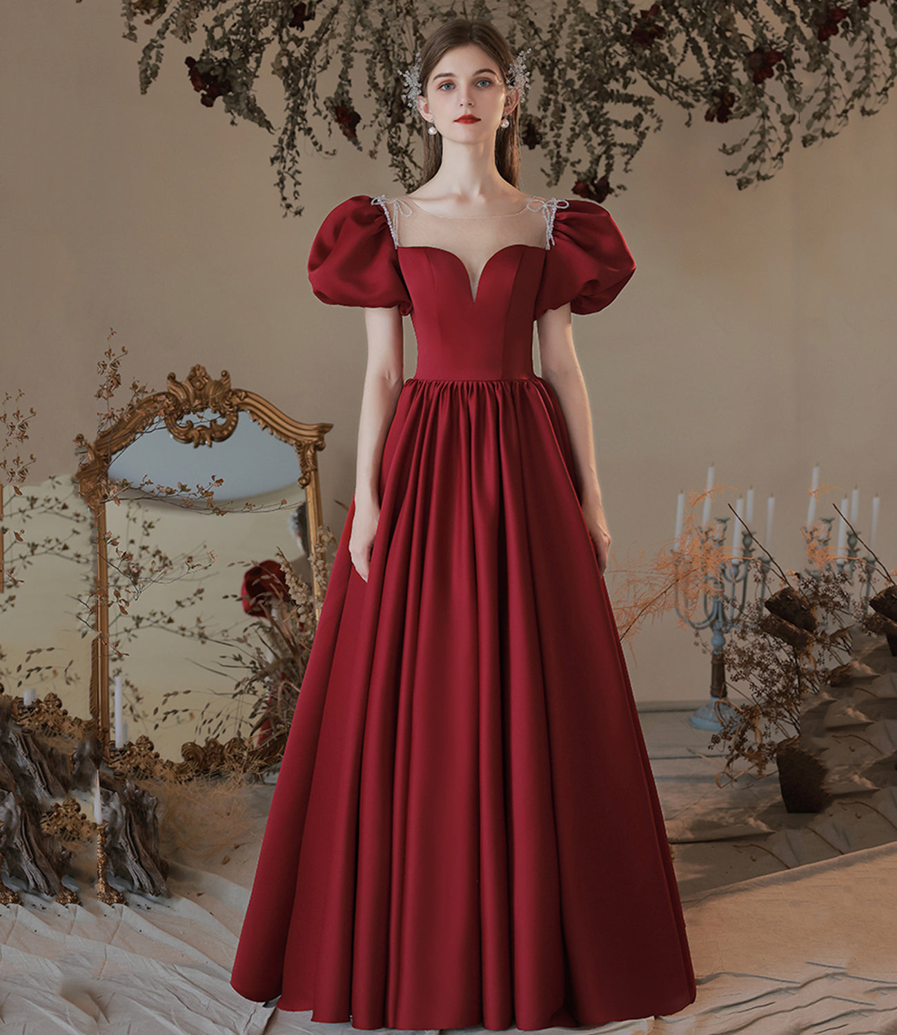 Burgundy satin long prom dress A line evening dress  10373
