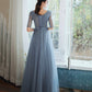 Blue tulle beads long prom dress A line evening gown  10333
