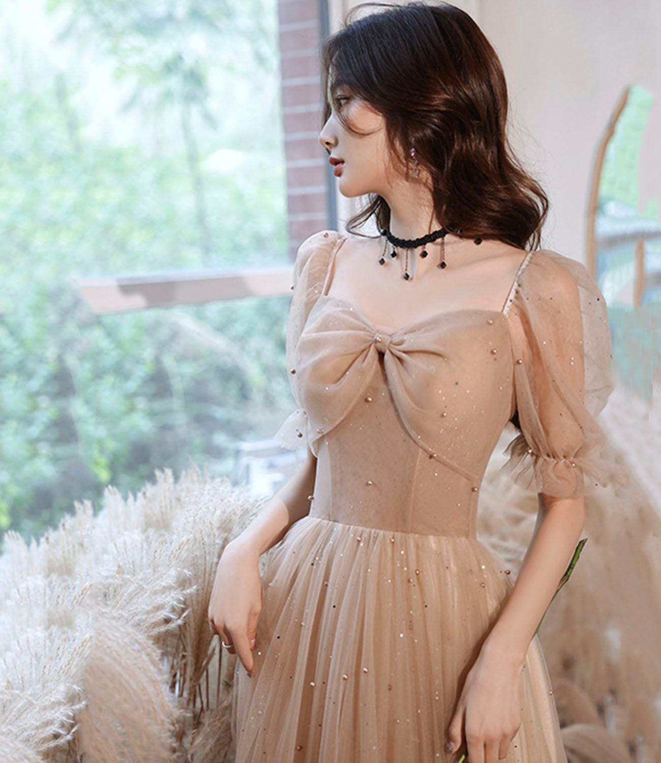 Cute tulle long prom dress A line evening dress  10430