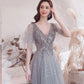 Gray tulle sequins long prom dress A line evening dress  10528