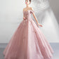 Pink tulle lace long prom dress A line evening gown  10359