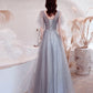 Gray tulle sequins long prom dress A line evening dress  10528