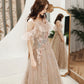 Champagne tulle sequins long prom dress evening dress  10390