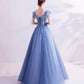 Blue tulle lace long prom dress A line formal dresses  10455