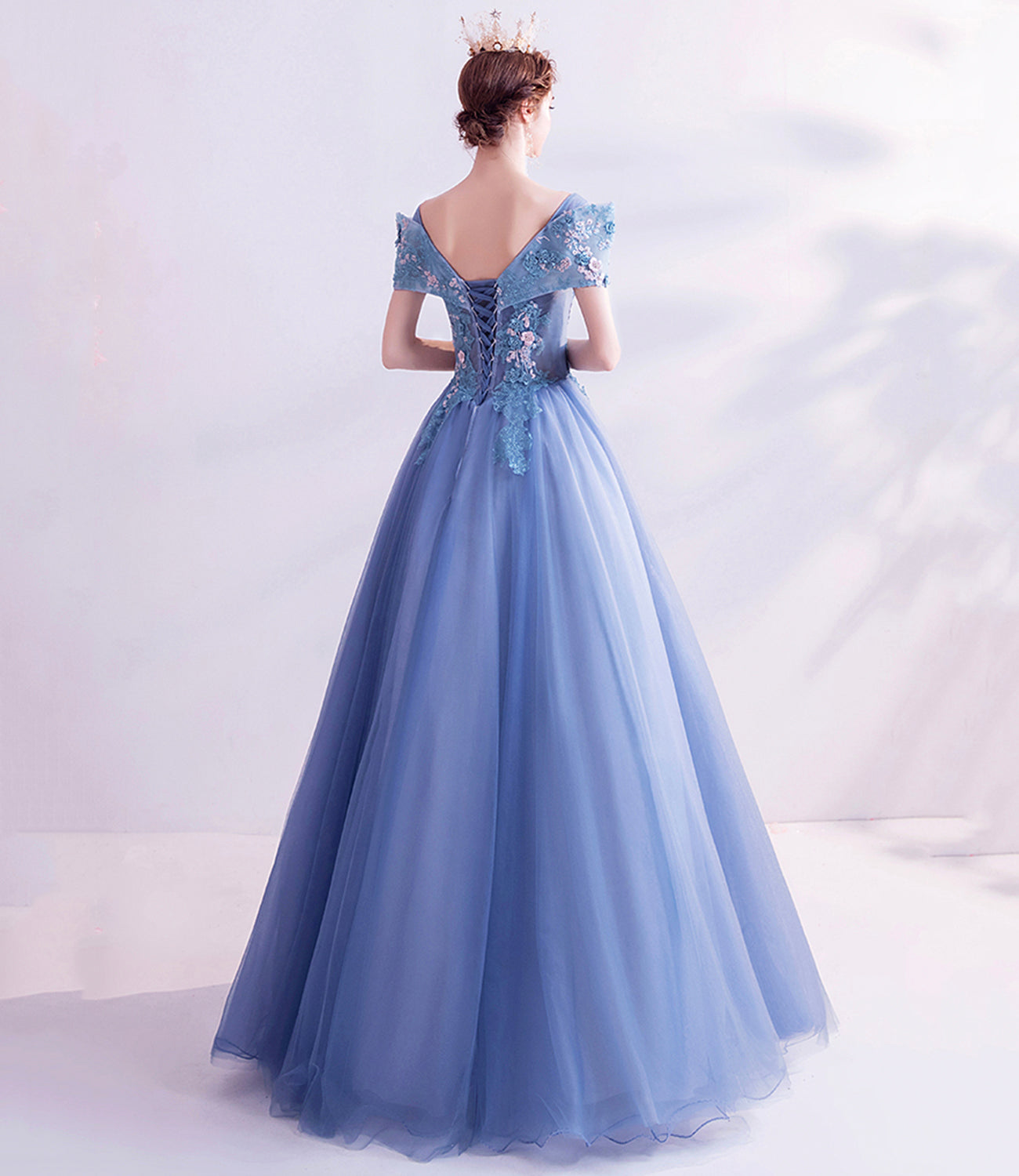 Blue tulle lace long prom dress A line formal dresses  10455