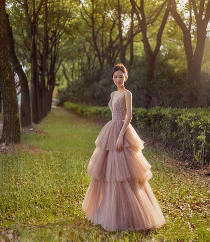 Stylish tulle beads long prom dress A line evening dress  10326