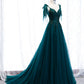 Green gorgeous exquisite beaded lace A-line long tulle ball gown evening dress 10357