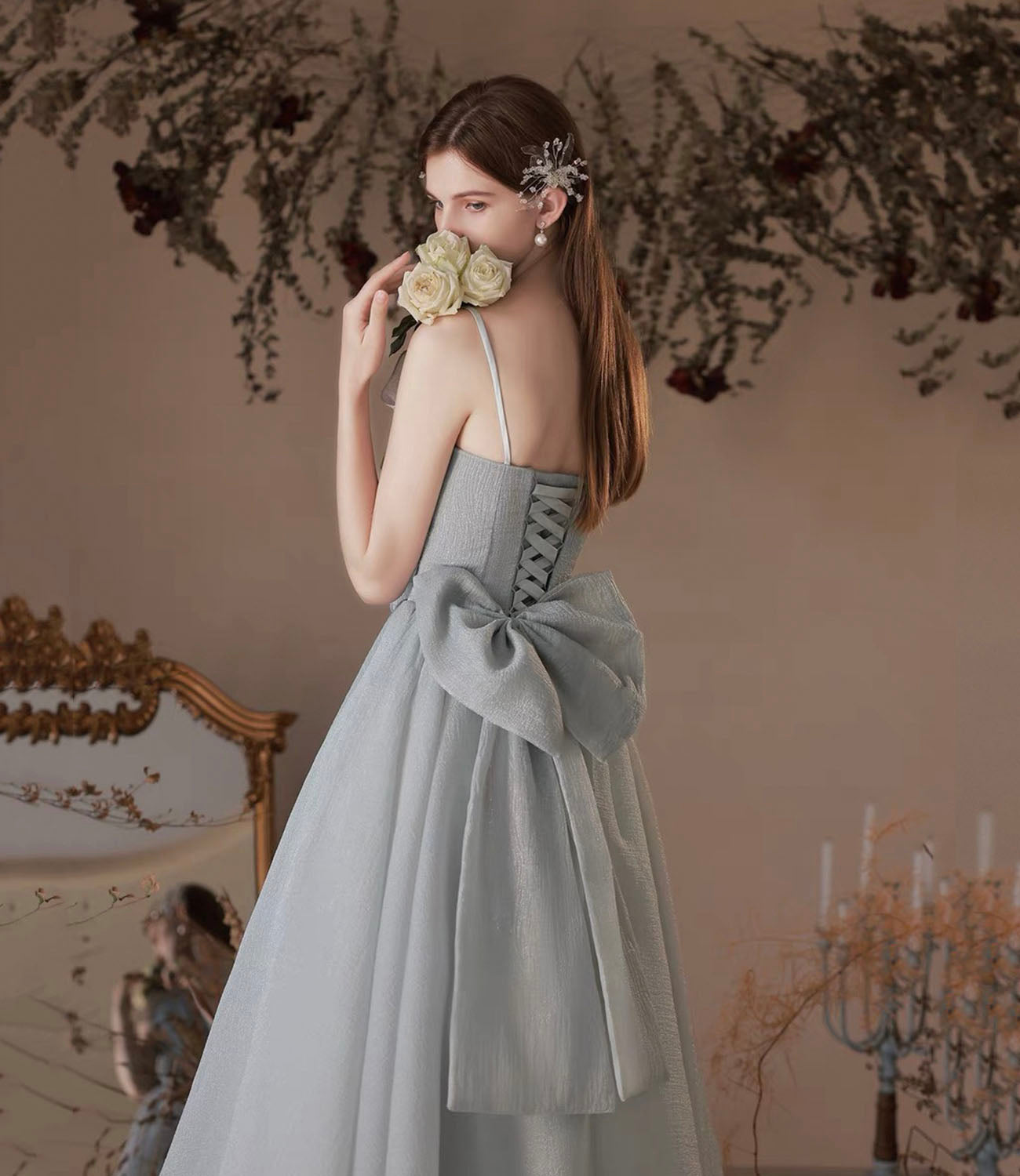 Gray soft chiffon long prom dress A line evening dress  10427