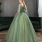 Green tulle lace long prom dress A line evening gown  10342