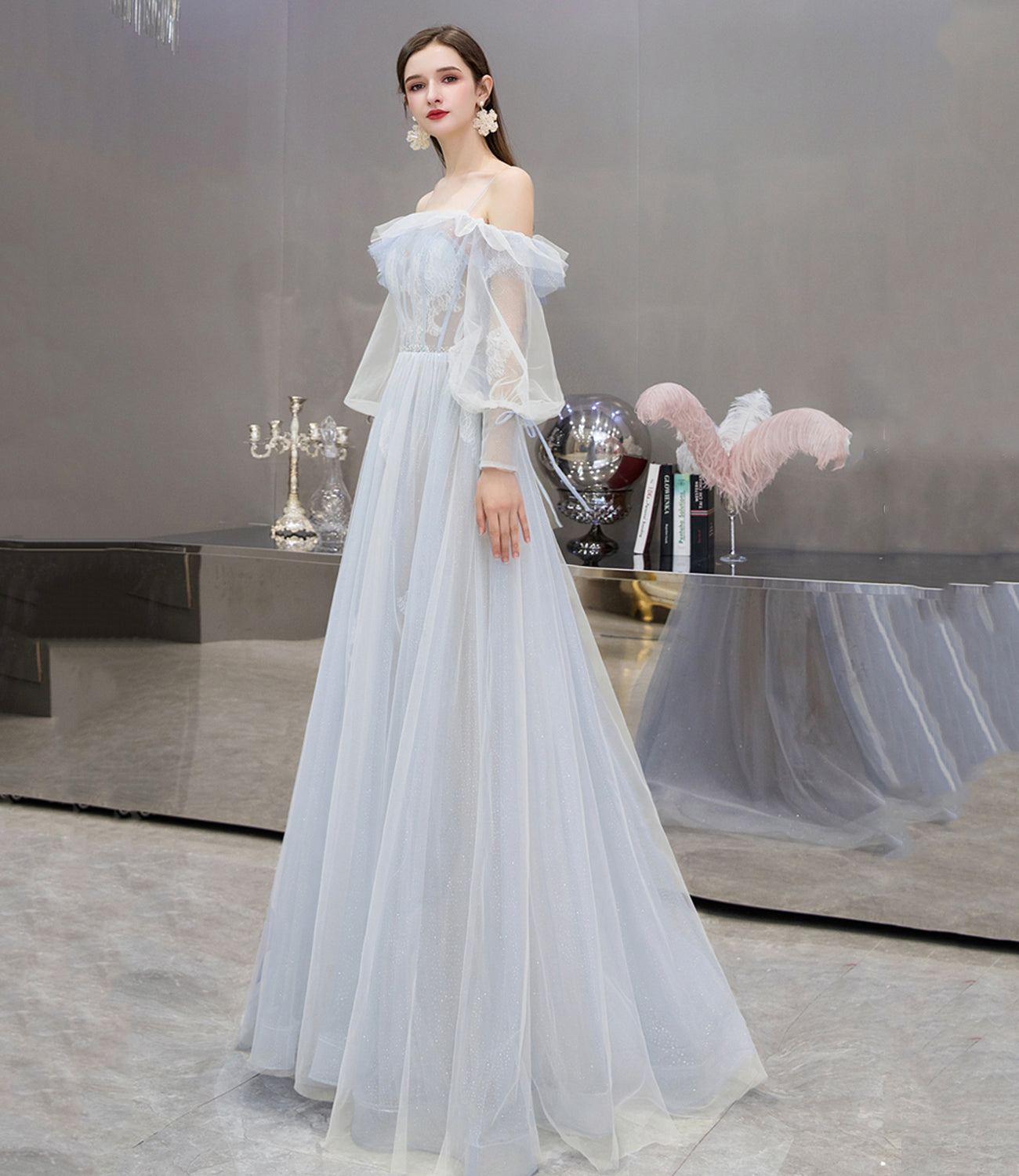 Cute tulle lace long prom dress A line evening dress  10476
