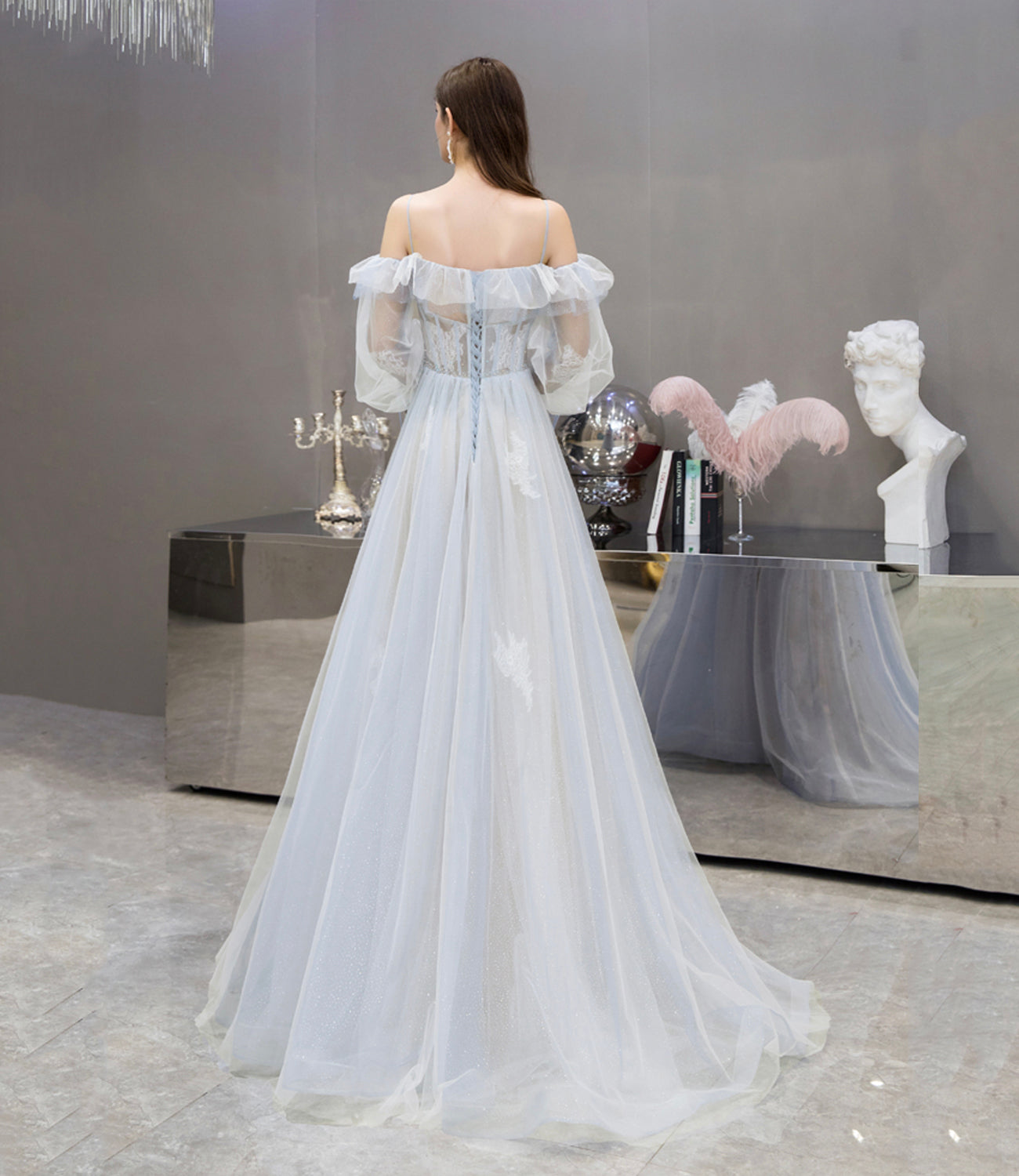 Cute tulle lace long prom dress A line evening dress  10476