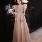 Pink tulle beads long prom dress A line evening dress  10320