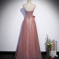 Pink tulle sequins long prom dress A line evening dress  10420