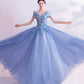 Blue tulle lace long prom dress A line formal dresses  10455