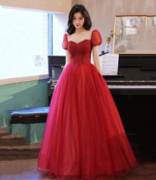 Burgundy tulle beads long prom dress evening gown  10315