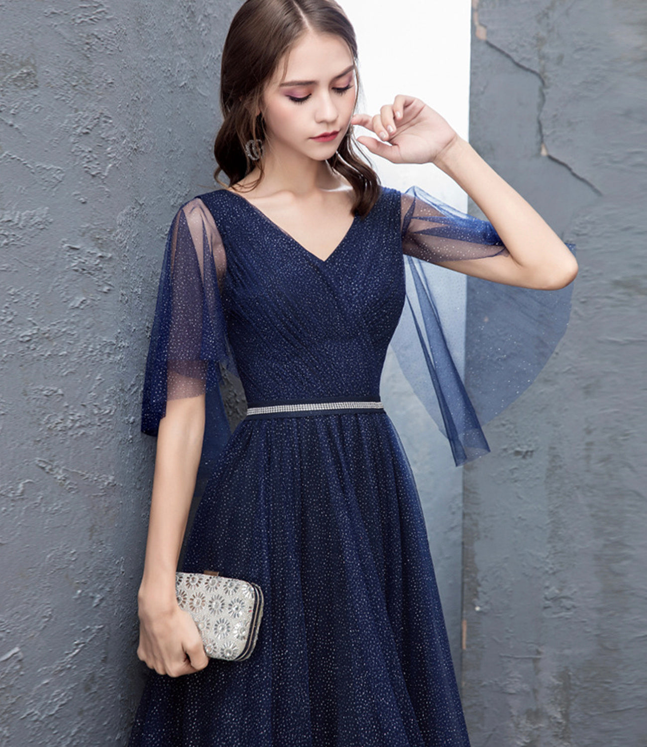 Blue tulle long prom dress A line evening dress  10377