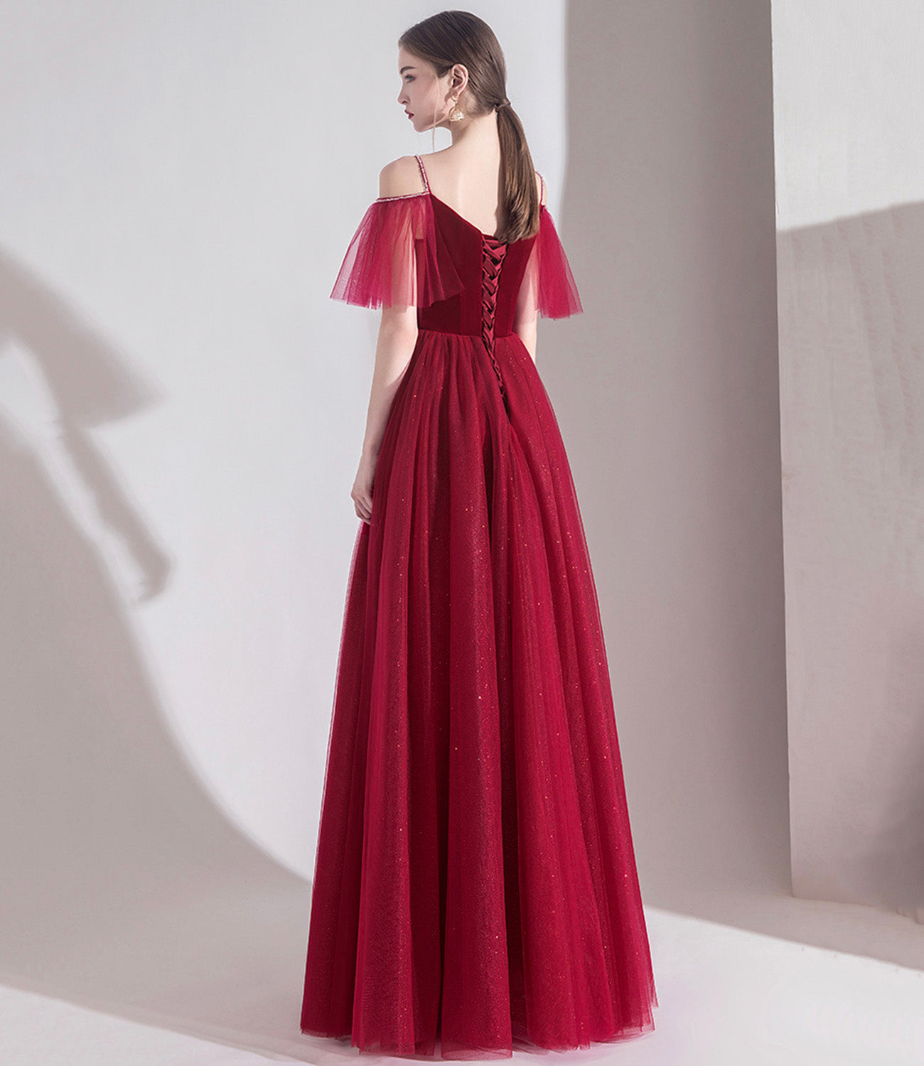 Bugundy velet tulle long prom dress A line evening dress  10553