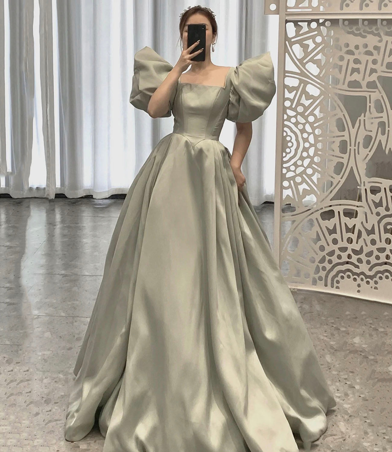 Cute satin long ball gown dress A line formal dress  10321