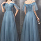Blue tulle long A line prom dress blue evening dress  10588
