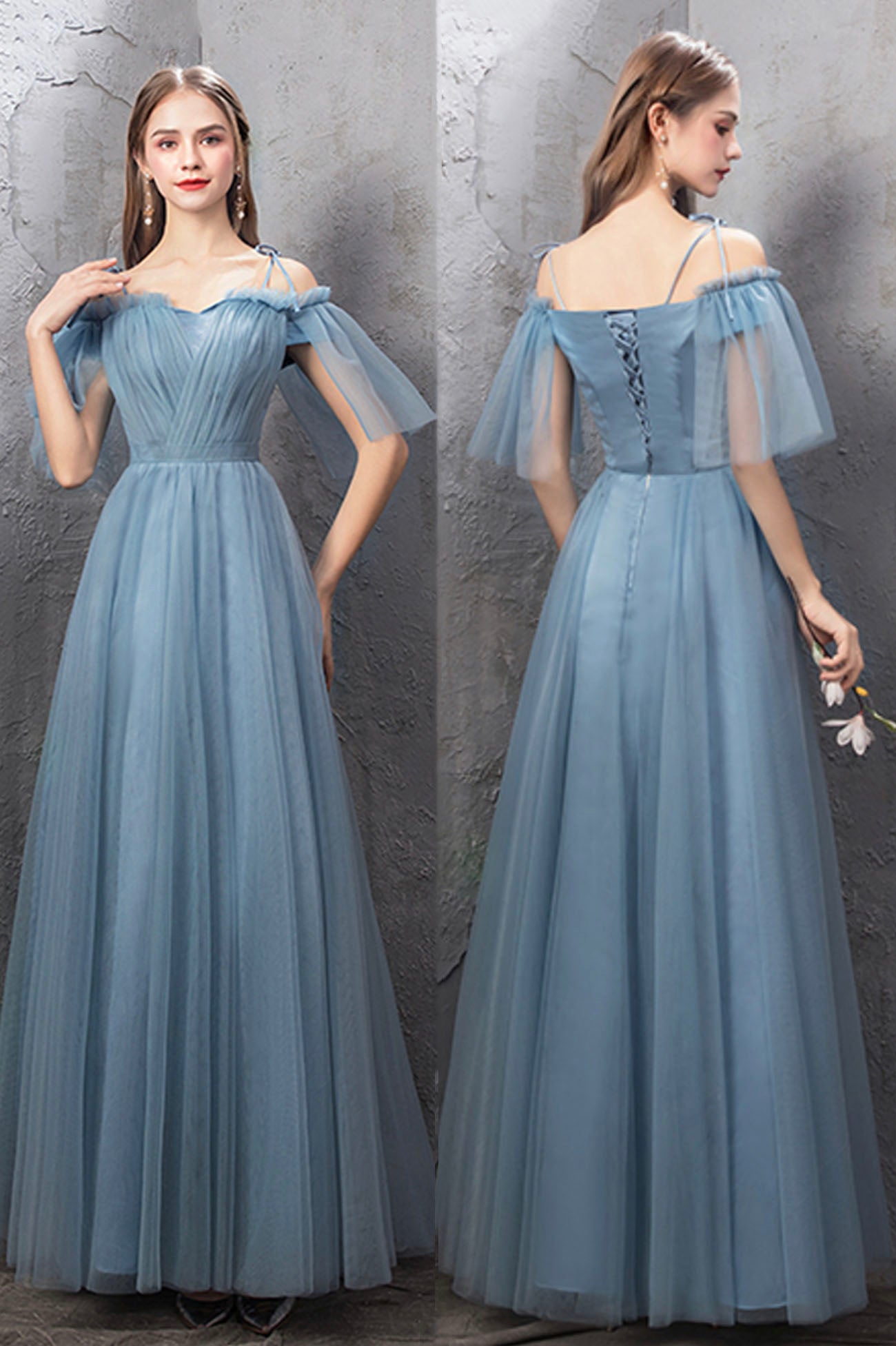 Blue tulle long A line prom dress blue evening dress  10588