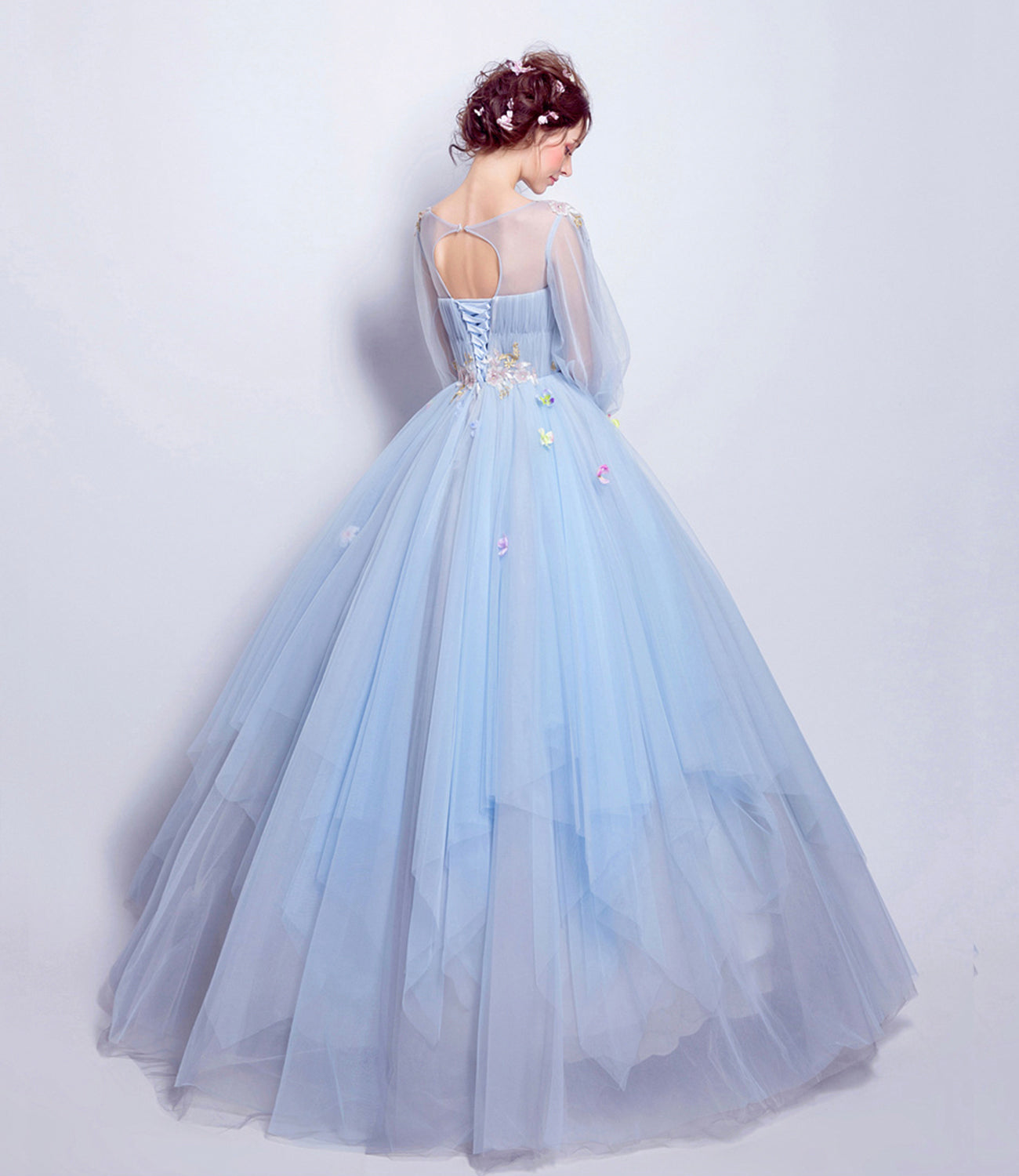 Blue tulle sequins long ball gown dress blue evening dress  10360
